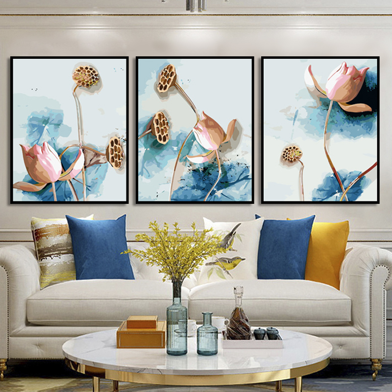 diy digital oil painting oil color painting triple-triple collage hand painted color living room scenery decoration large painting golden lotus flower