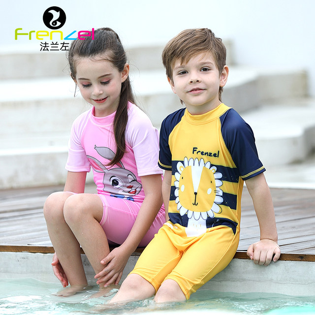 The new flange left children's swimsuit sunscreen one-piece swimming beach surfing hot spring boys and girls cartoon swimsuit quick-drying