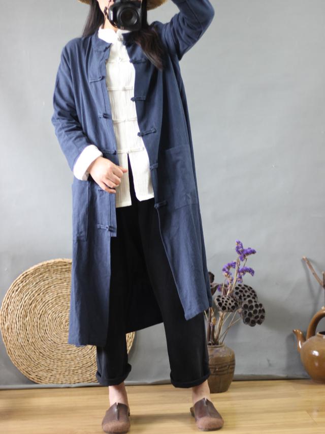 Chất liệu cotton và vải lanh của phụ nữ nghệ thuật nguyên bản Phong cách Trung Quốc khóa cổ điển dân tộc phong cách áo dài Zen Zen áo gió dài shop đồ nữ
