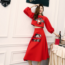 Fan-style red suit woman 2022 new spring ocean gas loose clothing half body dress Two sets of European station High waist