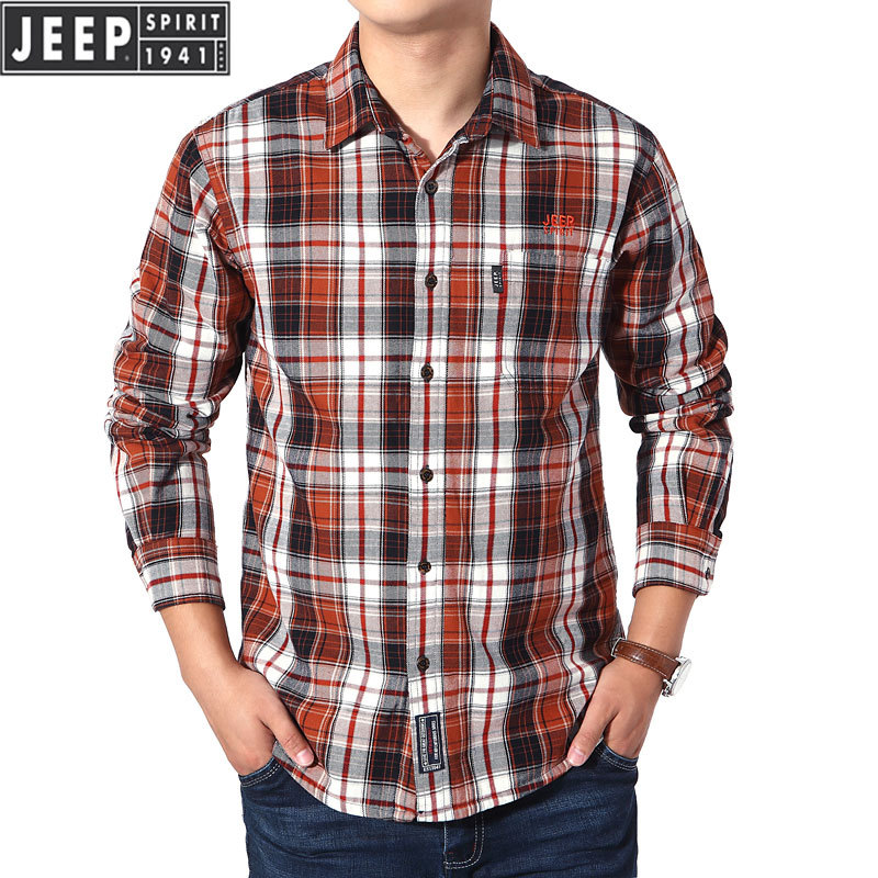 2019JEEP new men's shirt spring autumn and winter new polenta plaid pure cotton long sleeve shirt big size brand men's wave