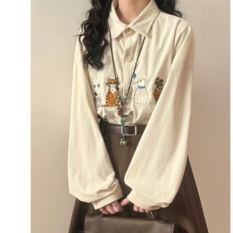 American Retro Fun and Cute Cat Embroidered Long-Sleeved Shirt for Men and Women, Spring and Autumn Lazy Artistic Casual Loose Shirt
