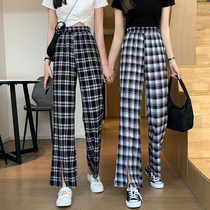 Hometown girl 2022 Early autumn new open fork black and white checkered with high waist display slim and loose wide leg casual pants