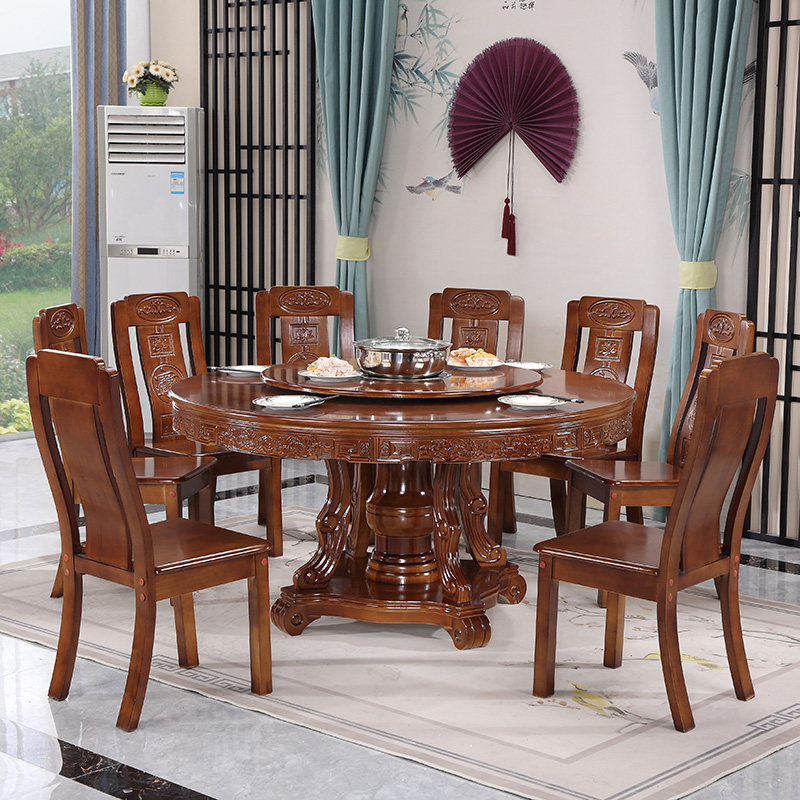Solid wood large round table with turntable Induction Cookers Dining Table and chairs Family Dining Hotpot Table Chinese Carved Oak Wood 10