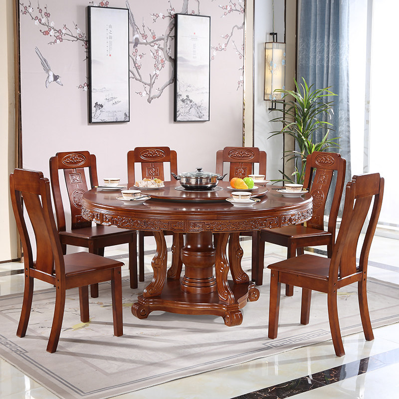 Solid wood dining table and chairs combined round home with turntable induction cookers Dining Hot Pot Table Chinese Oak Large Round Table