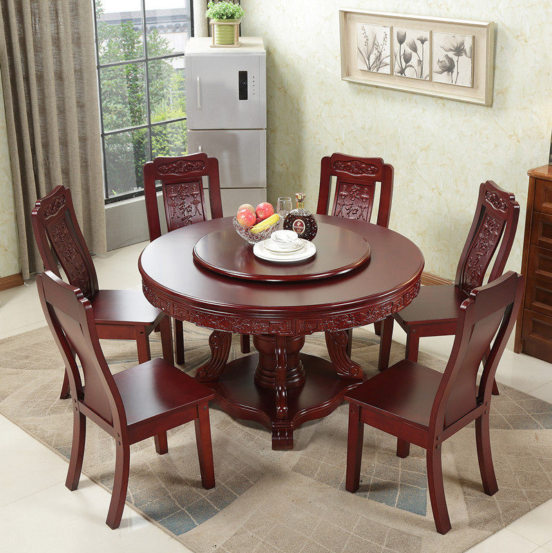 Solid wood round table Oak dining table and chair combination 6-person dining table Round dining table with turntable 1 5 rice shop table