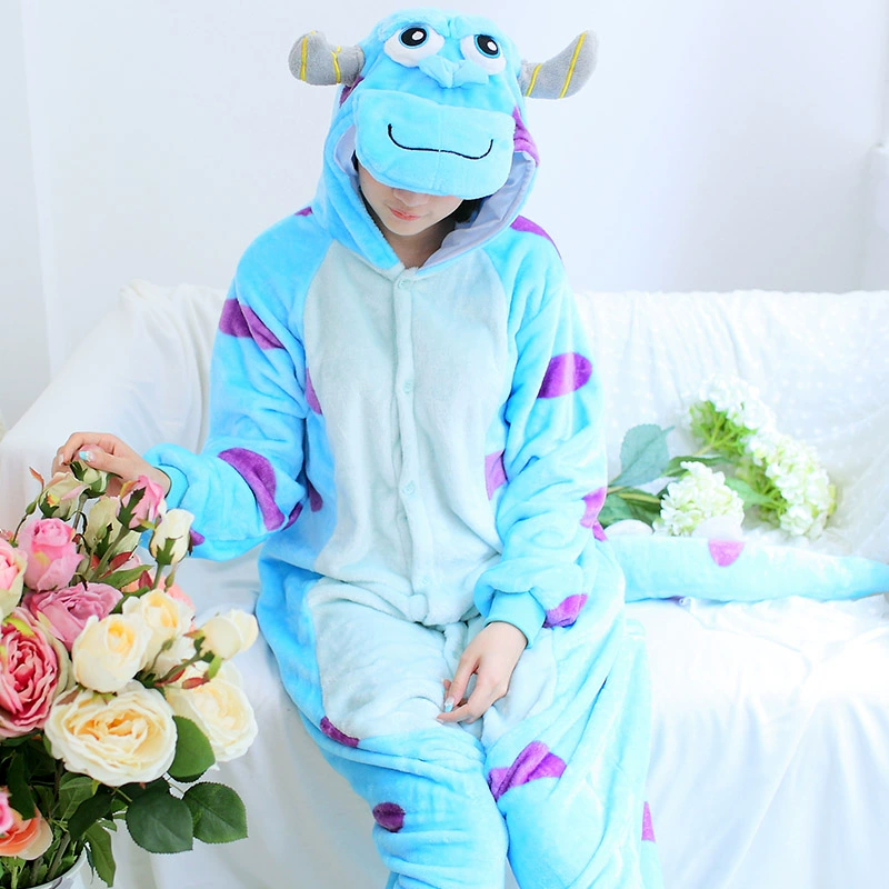 Flannel phim hoạt hình một bộ đồ ngủ nữ mùa thu cặp đôi san hô lông cừu dày nam dài tay khủng long động vật dịch vụ nhà mùa đông