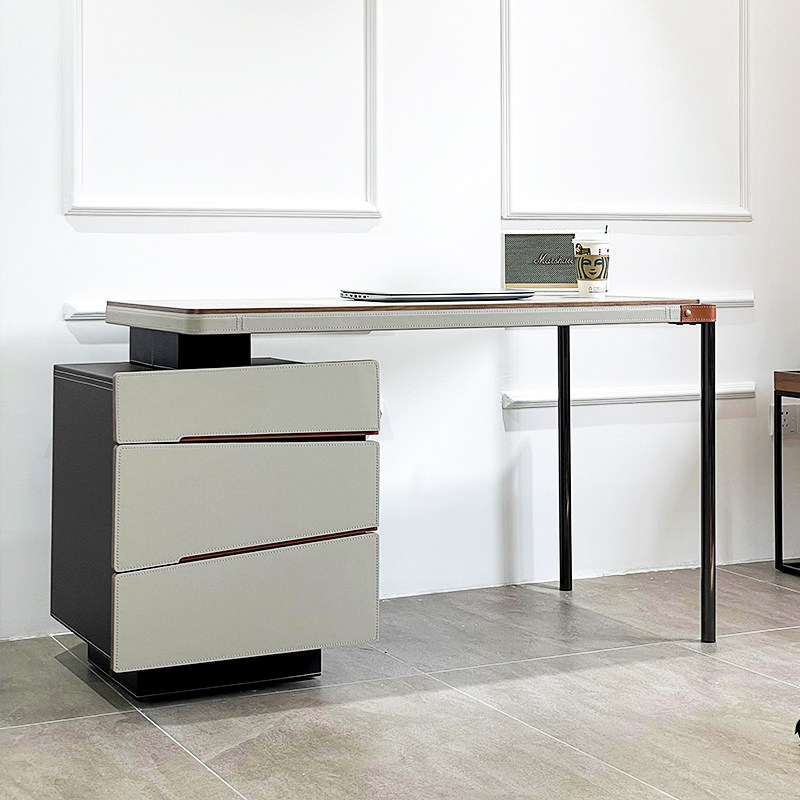 Light Extravagant Style Brief Modern Desk Home Desk Horse Leather Saddle Leather Solid Wood Book House Integrated Office Table And Chairs Combination