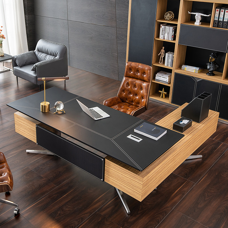 Modern simple leather face desk computer desk large class desk boss desk solid wood president light luxury single office furniture