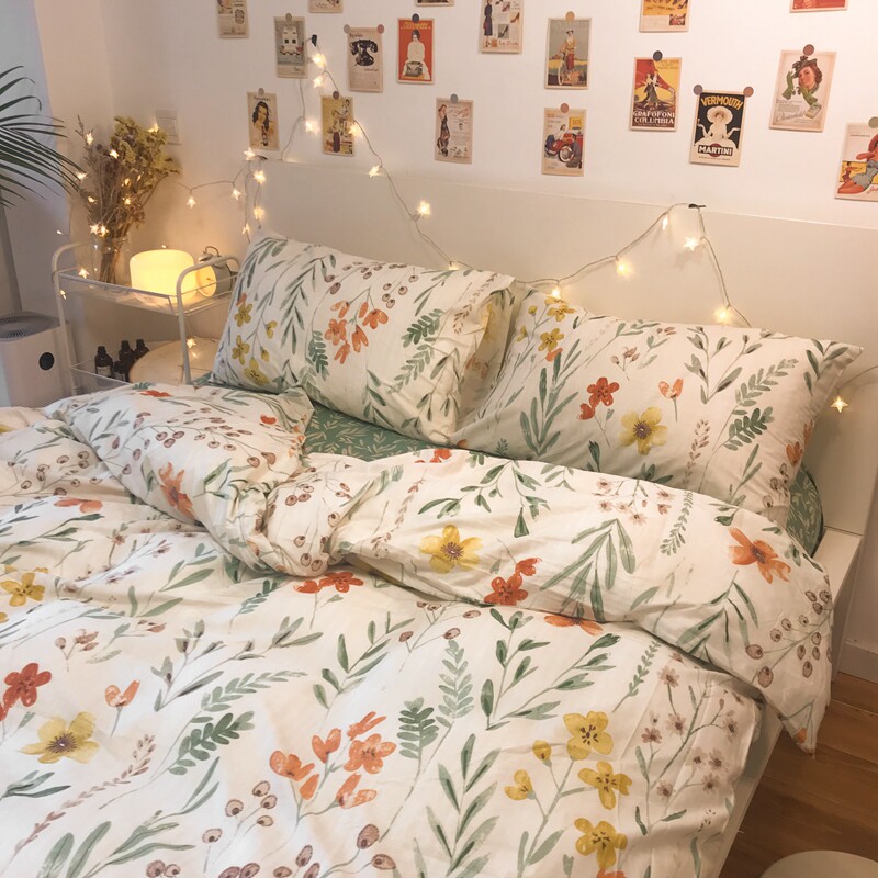 Catch the summer tail of pure cotton four pieces of plant fresh air - light American bed is set with slanted cotton bedside