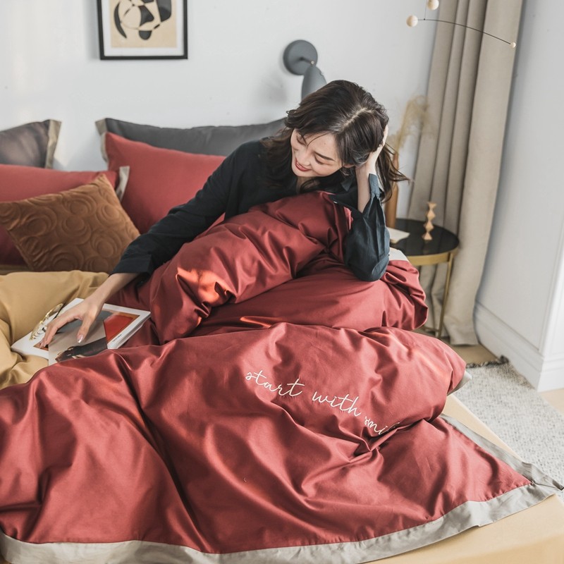 Tomato Red RED Pure Cotton Four Pieces Vegetarian Color Double Parquet Small Embroidery Wide Side Folk Bed Goods Double Quilt Cover 2m Bed