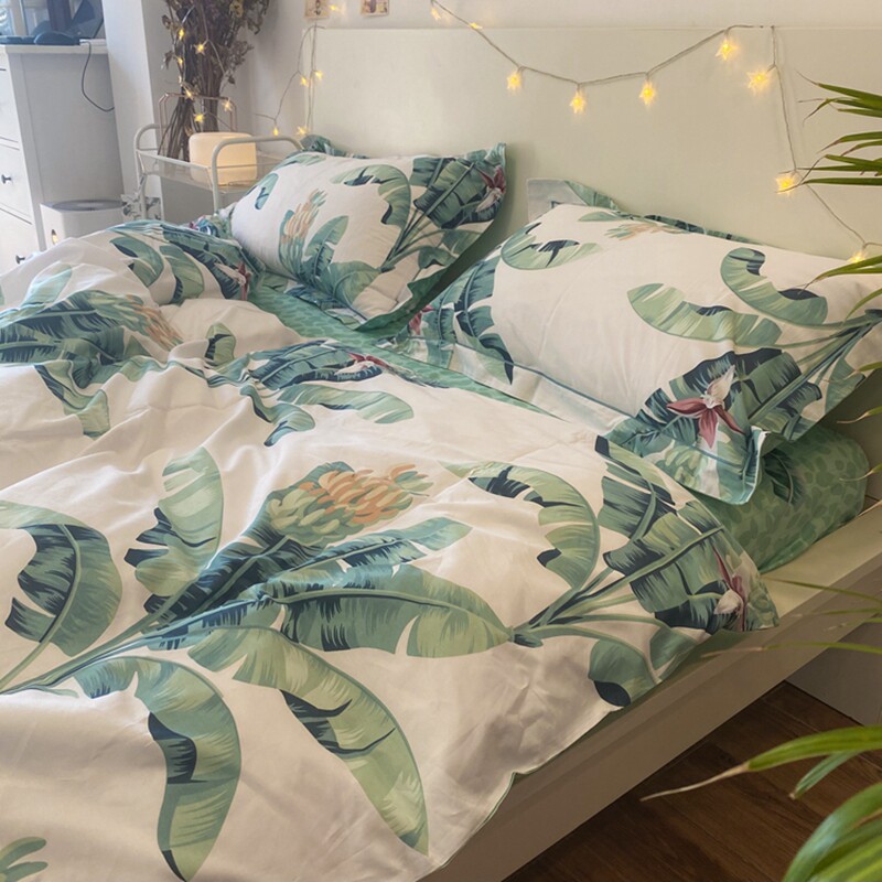 ins Nordic Green Plant Pure Cotton Four Pieces Green Plantain Leaf Botanical full cotton quilts covered with hood bed tasting