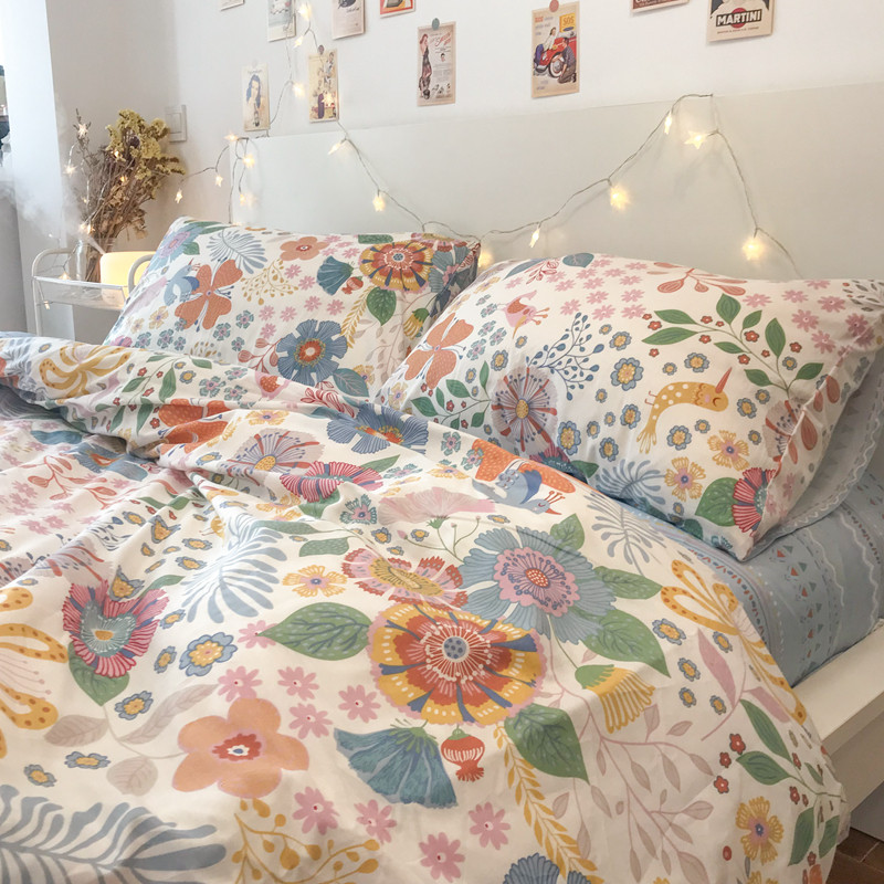 American Fields Garden Small Retro Pure Cotton Four Pieces Fresh Blue National Wind Double Pure Cotton Crushed Flowers Quilt Cover Bed