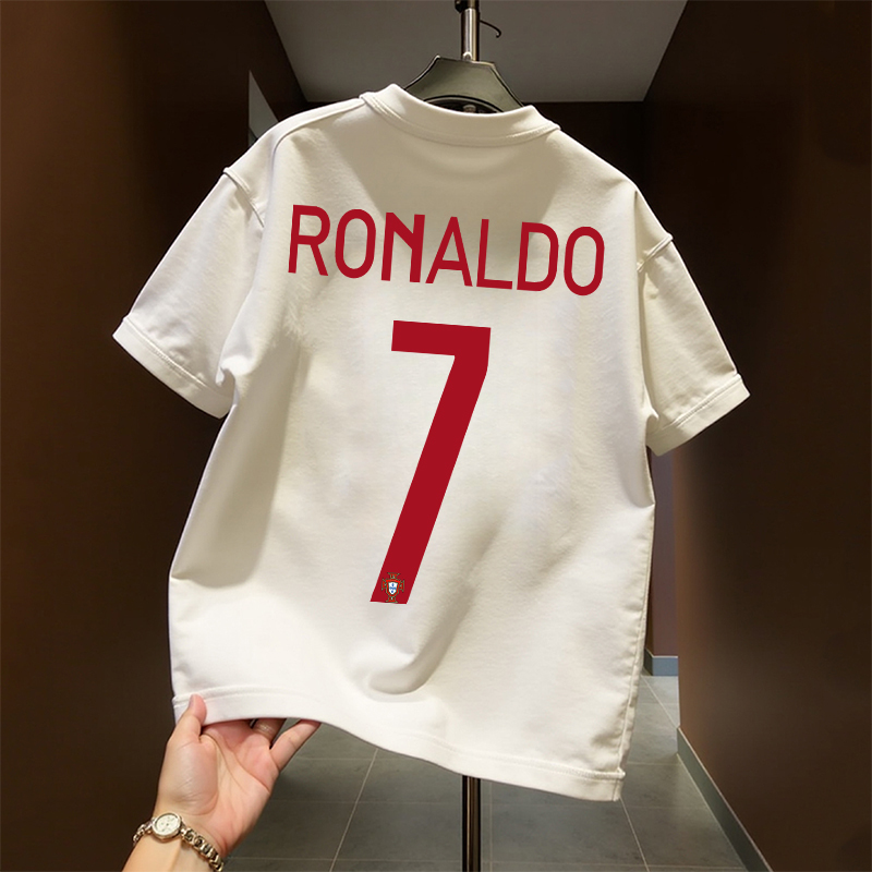 Summer Round-Neck Street Style Short-Sleeve American Heavy-Duty 260g Pure Cotton T-Shirt with Portugal No. 7 Football Cristiano Ronaldo Print