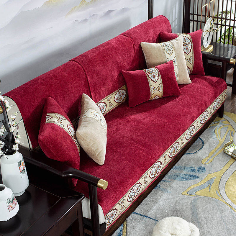 New Chinese style sofa cushion four seasons non-slip mahogany sofa cushion high-grade chenille solid wood furniture sofa cover custom