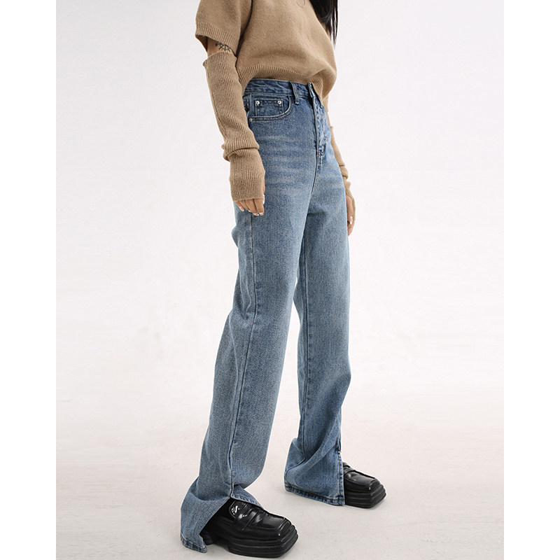 Race small Lazy Light Color Micro Lakfork Jeans Women Spring High Waist Straight Drum Towering open slit pants Damp Broadleg Retro