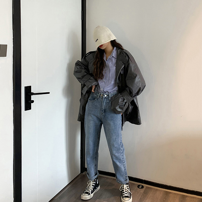 Race little lazy net red motorcycle suit female 2022 new trendy spring all-match pu leather jacket Korean version loose bf top