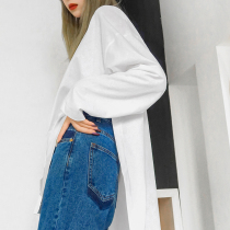 Race lazy half price white long-sleeved side split bottom t-shirt womens 2021 spring loose Korean version of the long top