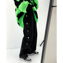 Race lazy straight breasted black jeans womens high waist loose chic Hong Kong style pants American high street ins tide