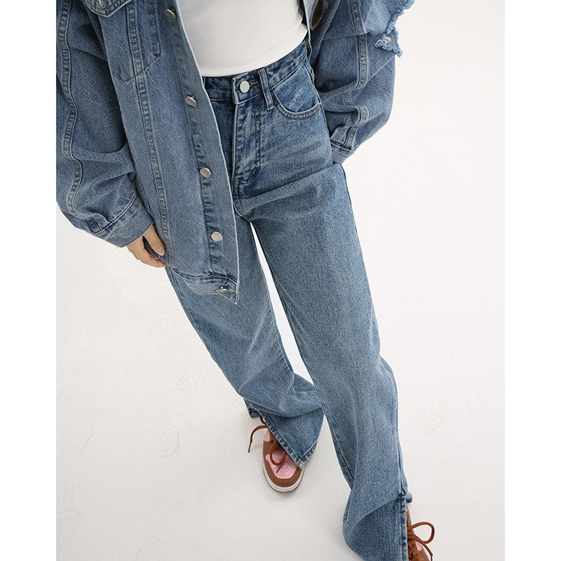 Race small sloth high waist jeans Women's spring and autumn straight cylinder loose design sensation crowdsourced with wide leg pants Chains