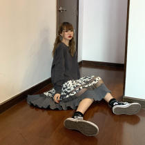 Sai small lazy 2021 new female spring and autumn base long sleeve dress Korean version of loose knee stitching fake two skirt