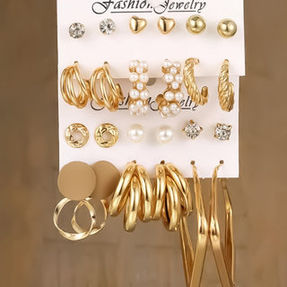 Earrings Set 12 Pieces Metal Square Three-Tube Pearl Earrings Set 12-Piece Set Retro Earrings