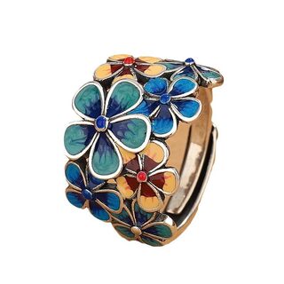 Flower Ring Cross-Border Vintage Ethnic Landscape Cloisonné Enamel Blooming Flower Ring Women's Niche Jewelry