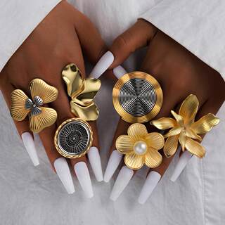 6-Piece Ring Set Cross-Border New Exaggerated ins Metal Three-Dimensional Flower Open Ring 6-Piece Set
