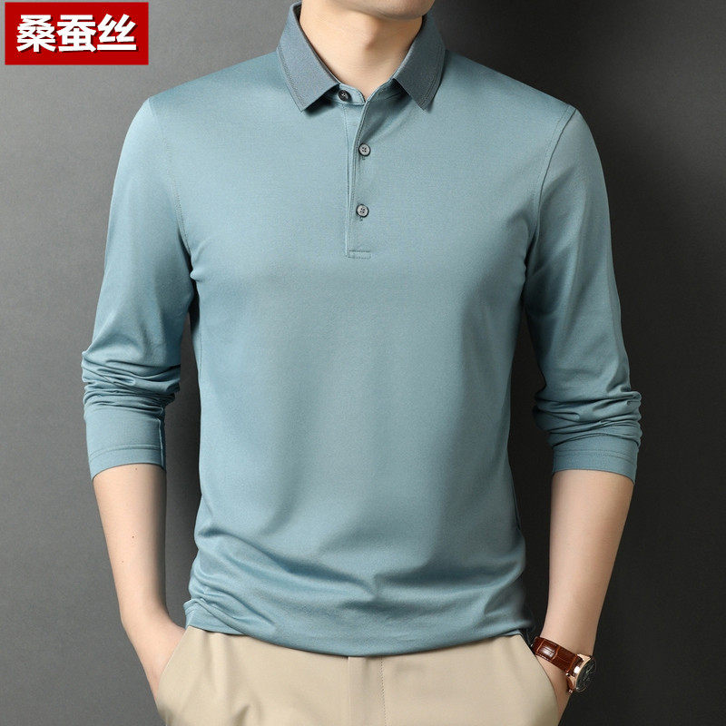 Light Extravagant Mulberry Silk Male Long Sleeve T-shirt Spring Autumn Middle Aged Dad Loaded Collar Business Fashion Hit Bottom Polo Jersey Blouse
