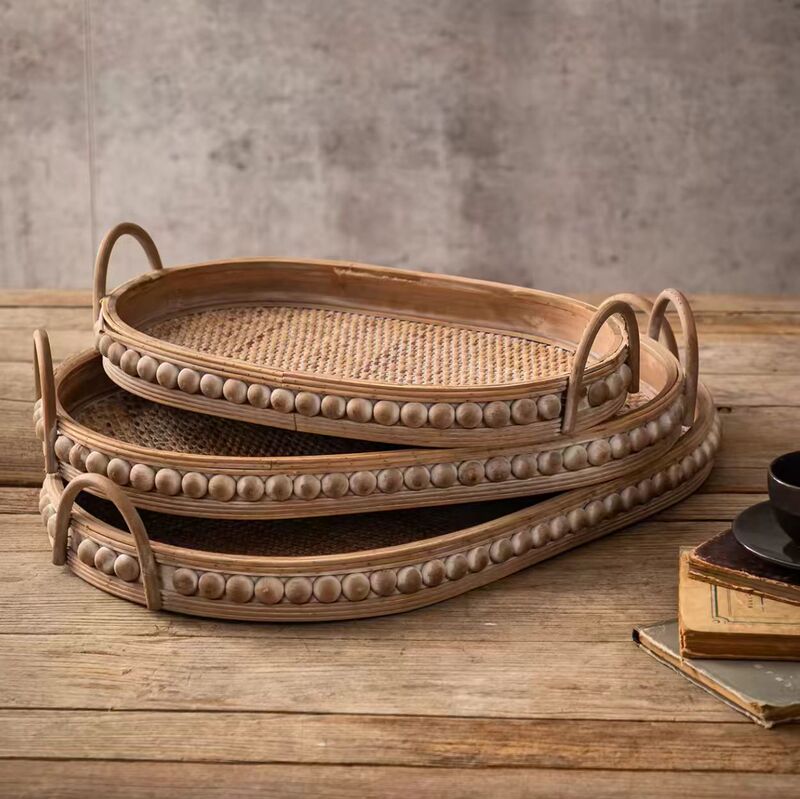 Retro Rattan Tray Japanese-Style Desktop Storage Decorative Fruit Tray Tea Tray Afternoon Tea Homestay Decoration Solid Wood Tray