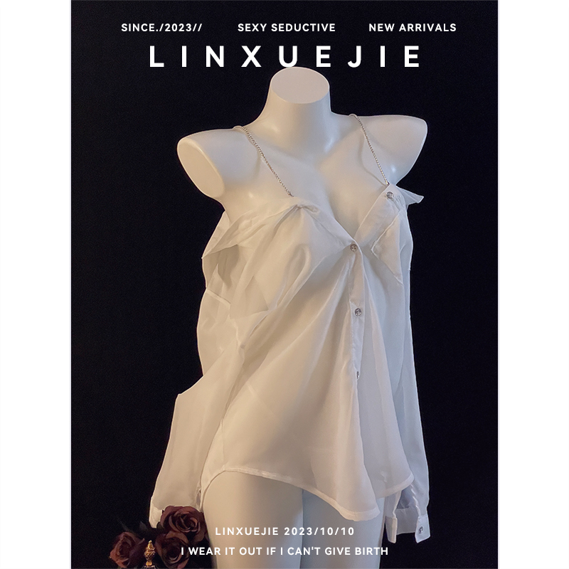 Senior Sister Lin~ High-End, Pure and Alluring See-Through Rhinestone Plus-Size Boyfriend-Style Sexy Nightgown for Women, Abstinence-Style Ice Silk Sleepwear