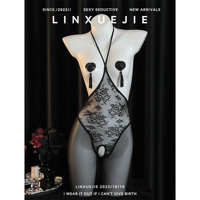 Senior Lin~ Emotional Date Lace Halter Black Lace Bodysuit for Women, See-Through No-Take-Off Design, Black Stockings