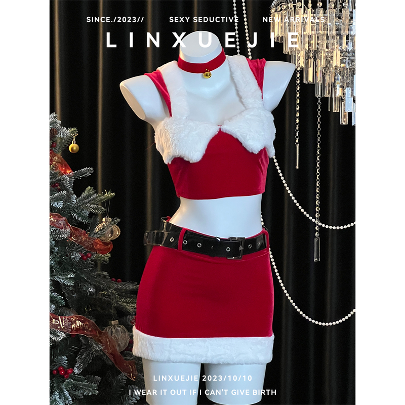 Sister Lin~ Sexy Plush Red Christmas-Themed Outfit with Hat, Vest, Plus-Size Bodycon Skirt That Can Be Worn Outside as a Uniform