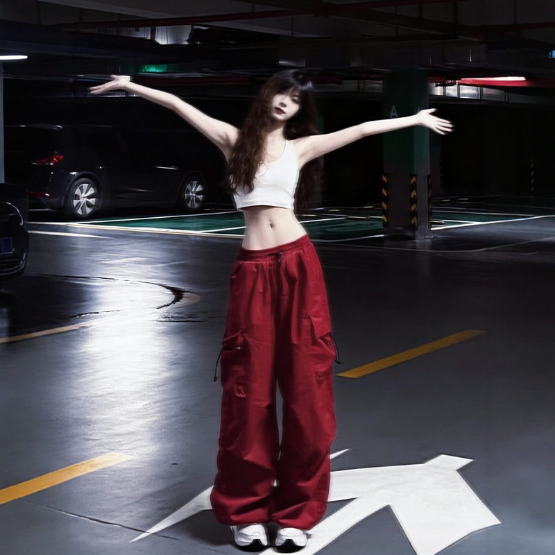 Red Cargo Pants for Women 2026 New Spring and Autumn High-Waisted Loose American Retro Wide-Leg Sports Hiking Pants