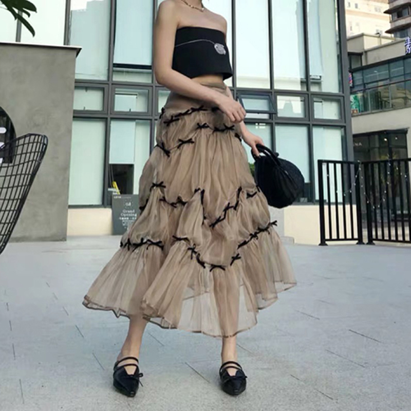UNIQ ボウスカート Cici 同じスタイル プリーツ Aラインスカート スイートガーゼスカート スーパーフェアリーニッチケーキスカート 女性