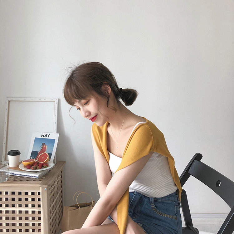 Mùa xuân nữ phiên bản Hàn Quốc của áo len mỏng dây thun đôi mỏng bên ngoài mặc áo sơ mi ngắn - Áo ba lỗ đồ bơi nữ kín đáo