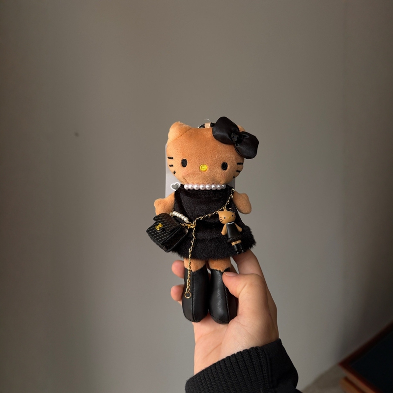 Japanese Authentic Second-Hand Chanel-Style Black Leather Long-Legged Kitty Bag Charm Plush Doll Keychain Gift Pendant