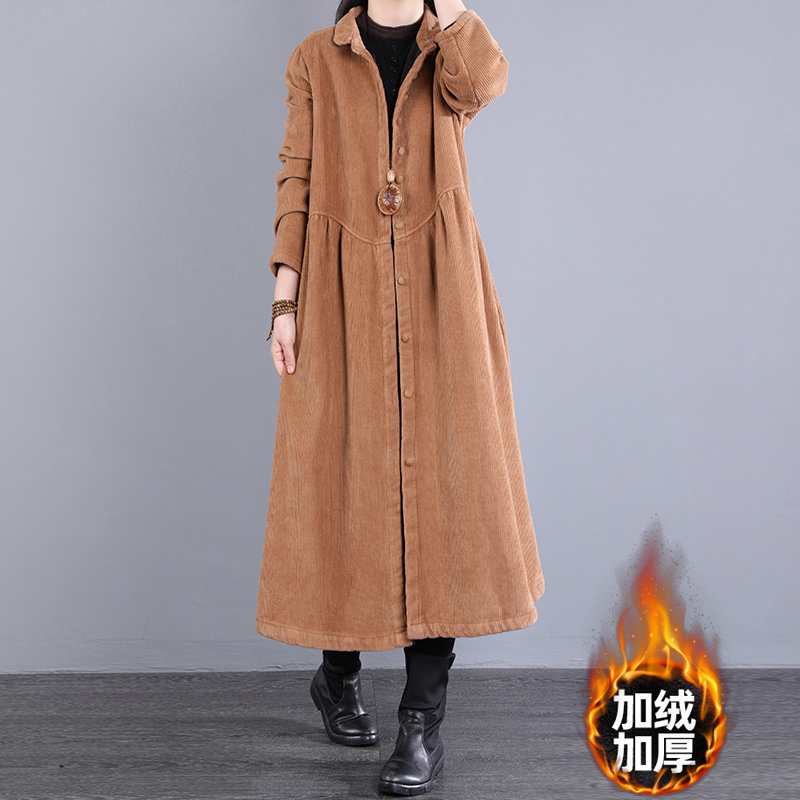 Foreign Trade Japanese Brand Outlet Surplus Women's Fleece-Lined Thick Corduroy Coat, Loose Fit, Slimming, Long Trench Coat
