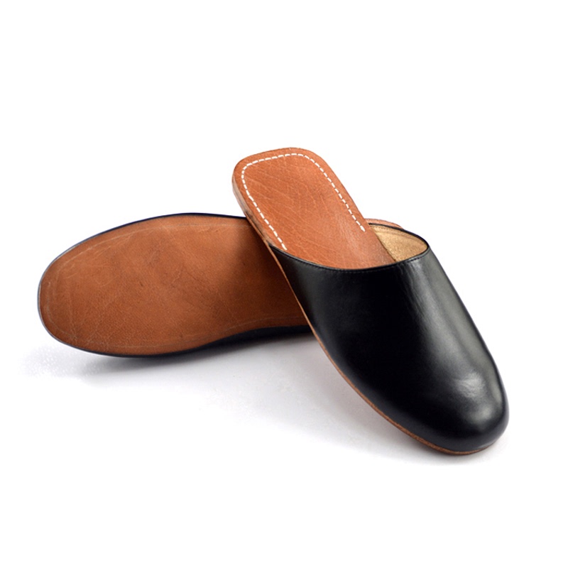 High-End Home Full-Grain Leather Slippers for Men and Women, Handmade Old-Style Closed-Toe Leather Sole Slippers for Floor and Office Use