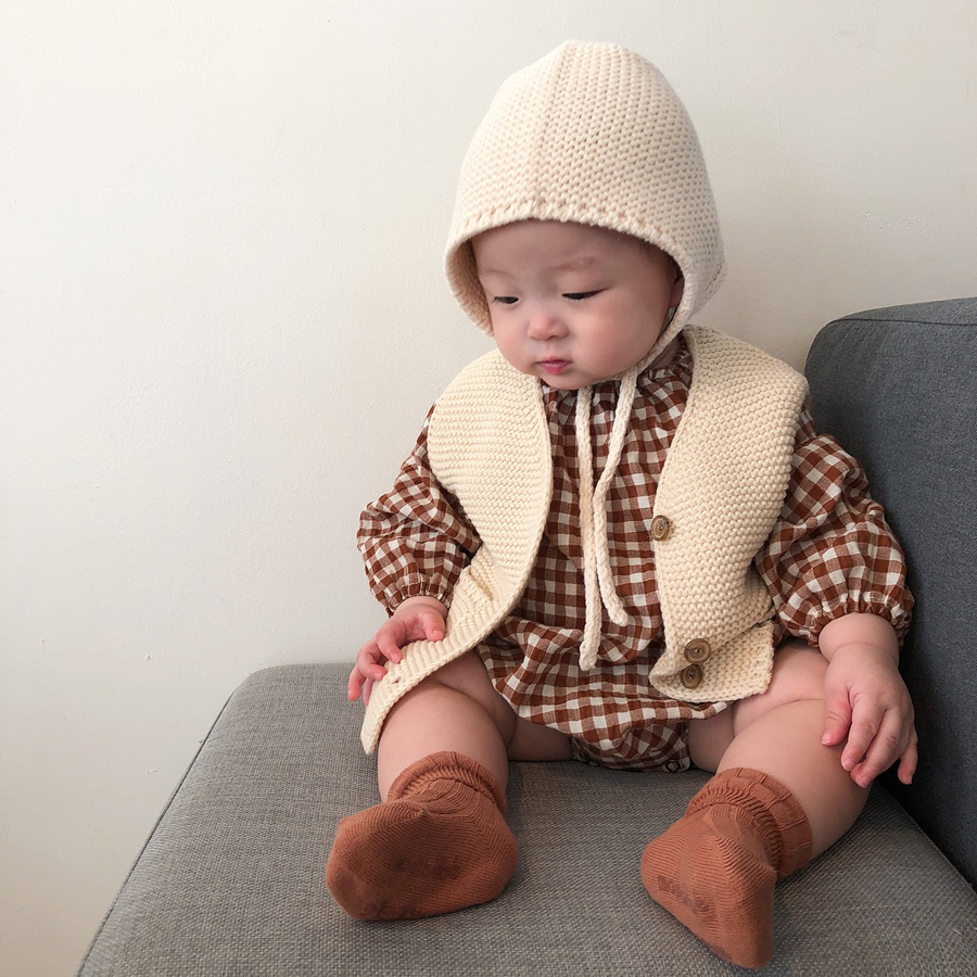 ins2022 Chunqiu South Korean baby male and female baby male and female plaid long sleeve baby even body suit knitted vest suit climbing suit