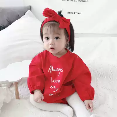 ins2021 spring and autumn infant letter embroidery long sleeve thick cotton T baby bag fart baby jumpsuit Climb delivery strap