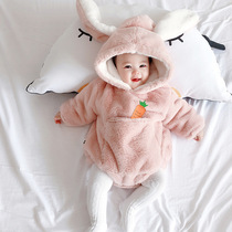 ins explosive 21 winter Korean baby baby thick warm rabbit ear bag fart conjoined clothes to send radish