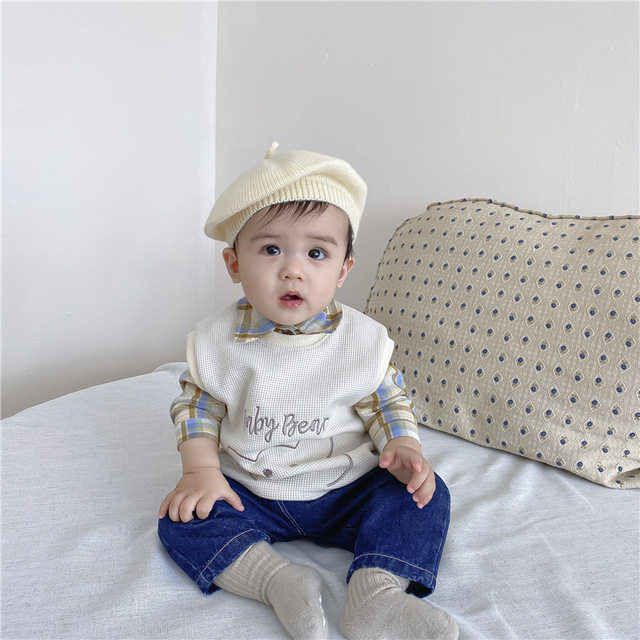 ins22 Autumn Clothing New Korean Version Baby Magpie Dress Shirt Waffag Mati Denim Trousers Three Suits