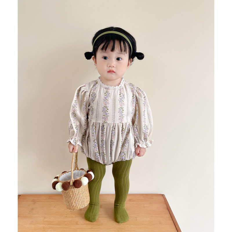 ins Han edition 2023 Fall baby clothes Broken Flowers Long Sleeves Conjoined Khae Woman Baby Foreign Air Triangle Climb-Taobao
