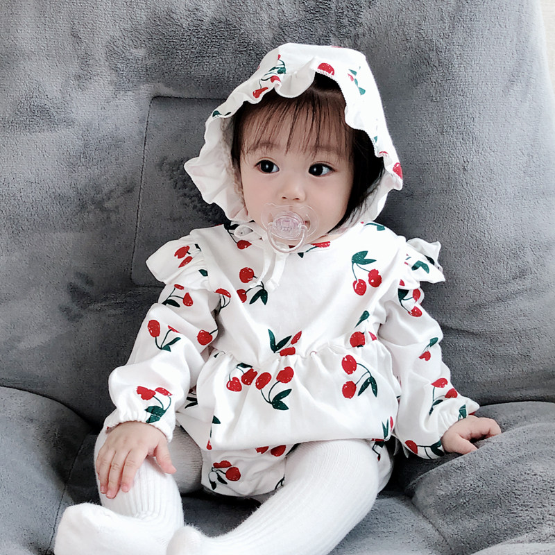 ins22 spring autumn baby full moon baby pure cotton princess cherry printed bag fart baby even body suit climbing and delivery belt
