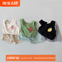 ins2022 summer new Korean version baby thin cotton sleeveless suit baby lemon vest plaid shorts Two sets