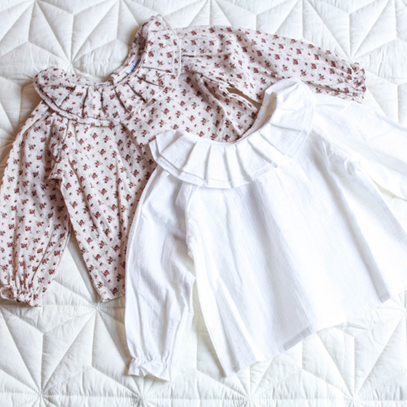 2022 Spring and autumn models Korean version of baby girl's undershirt girl baby printed 100 plexico collar doll-shirt pure cotton jacquard shirt