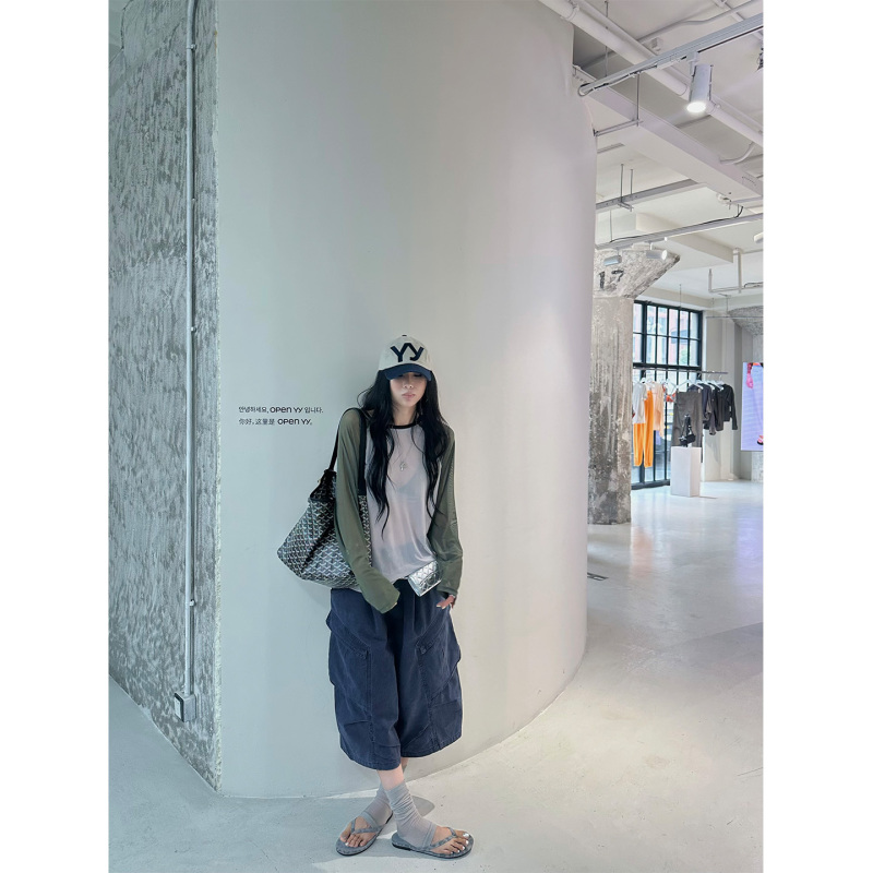 Nanabynana【Wang Brand Mid-Length Pants】American-Style Washed and Distressed Workwear Cropped Pants for Women, Summer Pocket Casual Pants