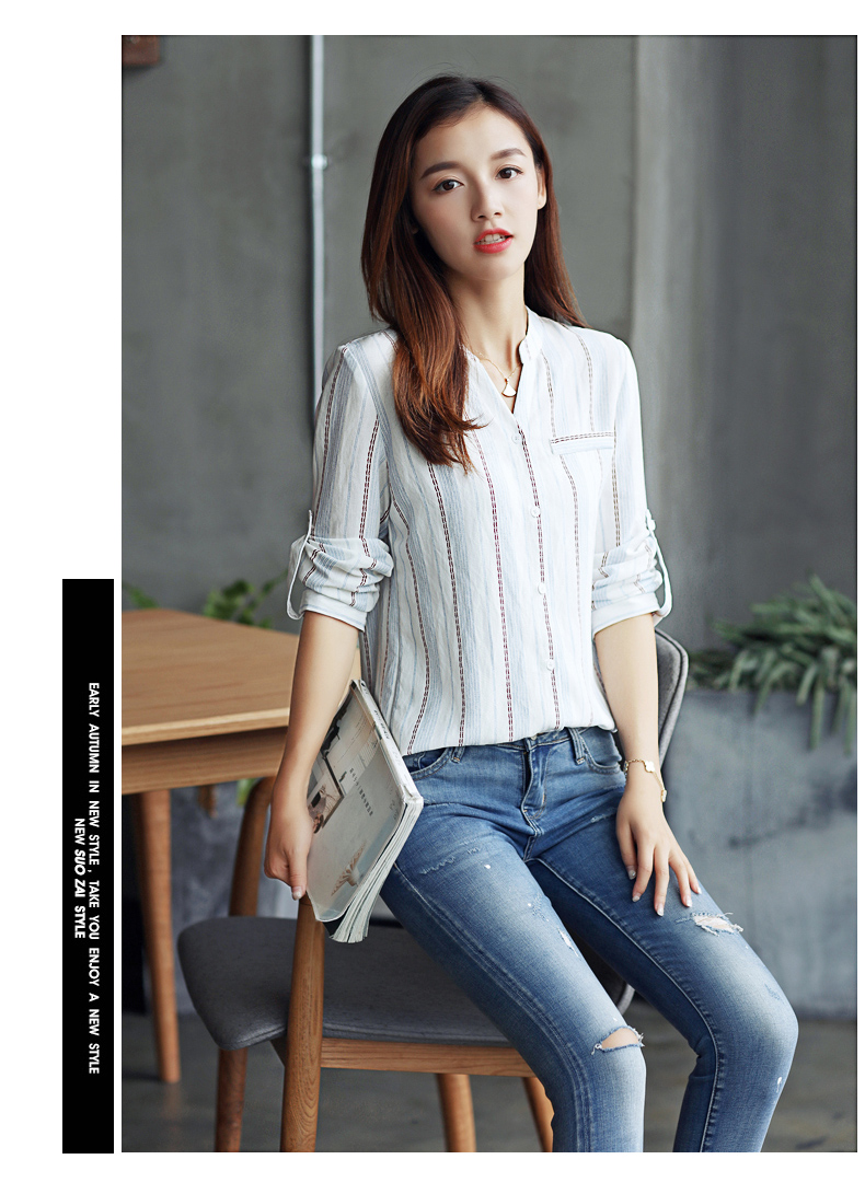 Áo mới mùa thu 2018 size lớn cho nữ áo sơ mi sọc dọc mùa xuân và áo sọc trắng dài tay mùa thu áo công sở nữ