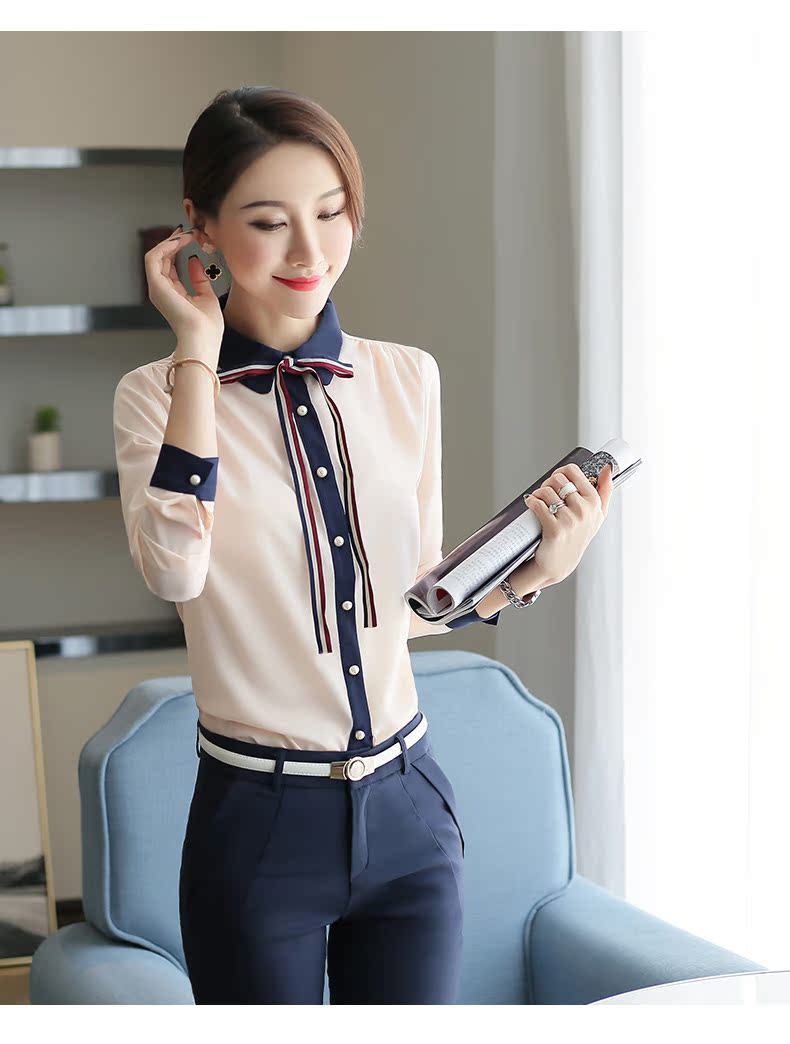 Áo xuân hè 2018 mới của phụ nữ Hàn Quốc là áo voan mỏng Han Fan nhấn màu cà vạt áo dài tay áo kiểu voan